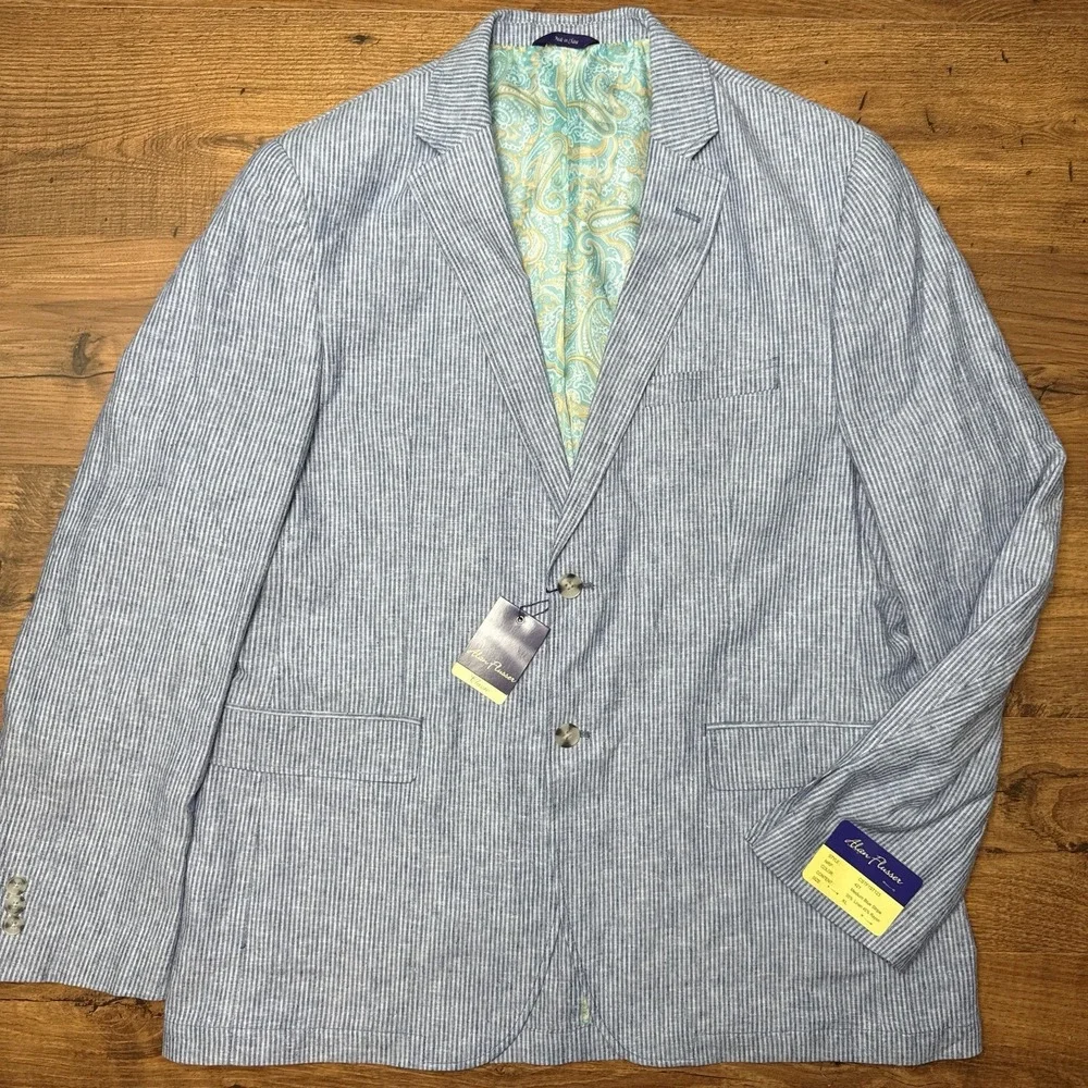 NEW Alan‎ Flusser XL Blue White Striped Linen Blend Blazer Jacket Preppy Paisley